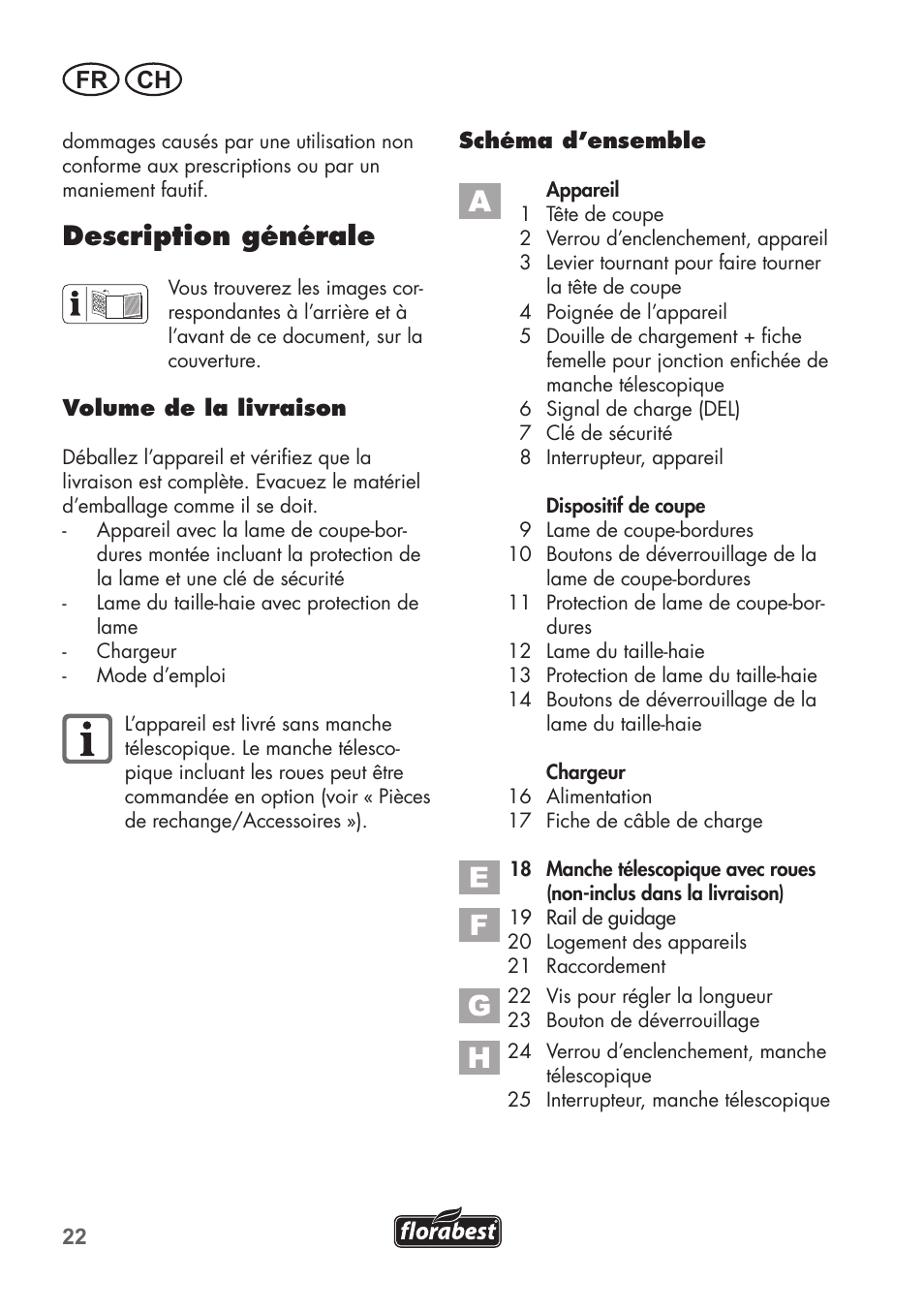 Description générale, Fr ch | Florabest FGS 3.6 A1 User Manual | Page 22 / 80