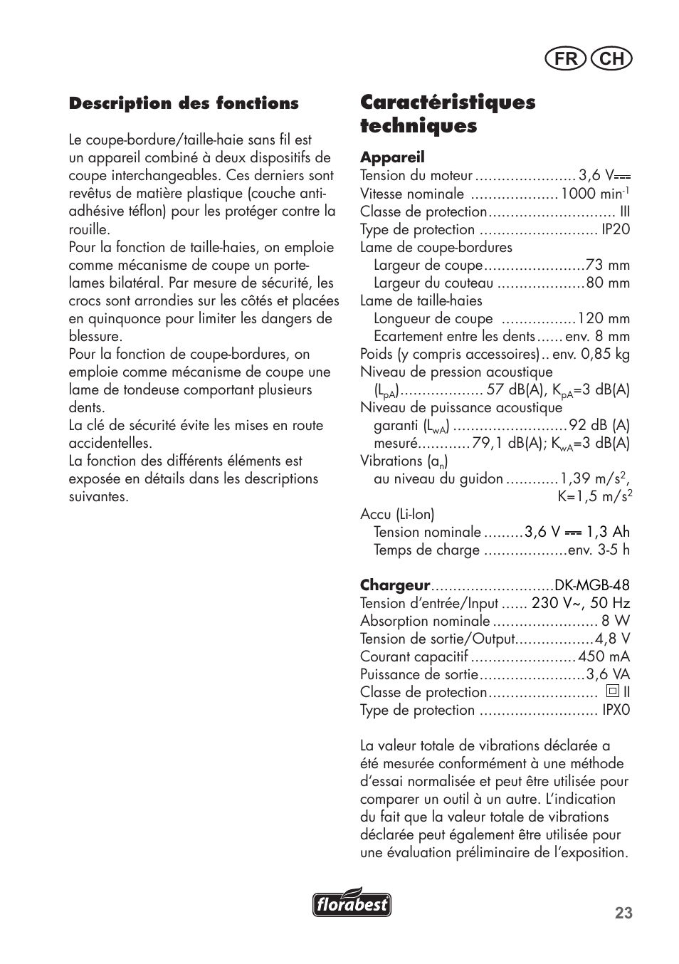 Caractéristiques techniques, Fr ch | Florabest FGS 3.6 A1 User Manual | Page 23 / 80