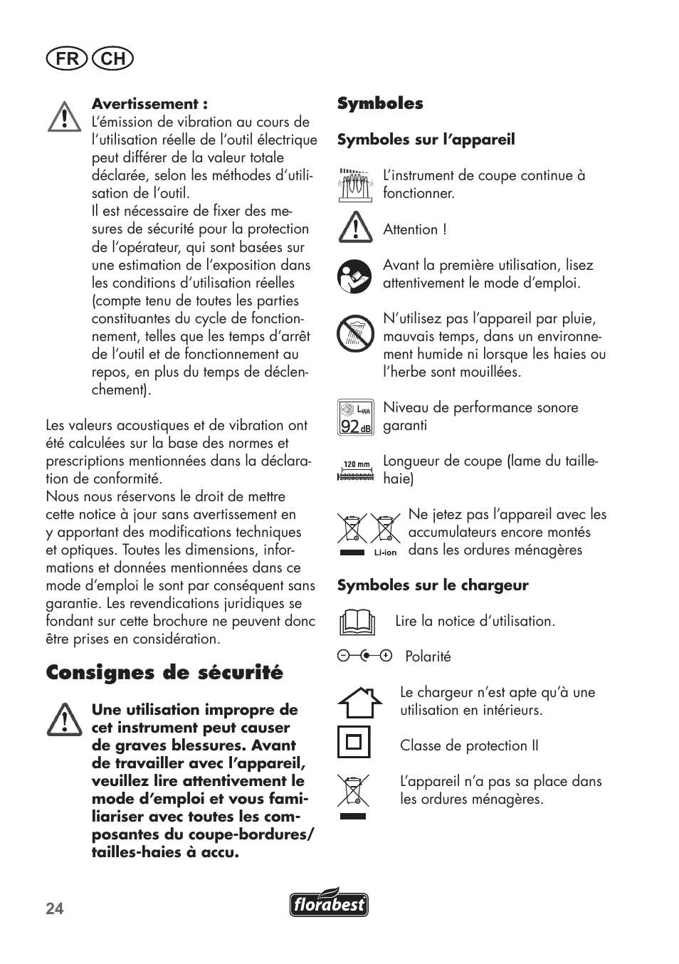 Consignes de sécurité, Fr ch | Florabest FGS 3.6 A1 User Manual | Page 24 / 80