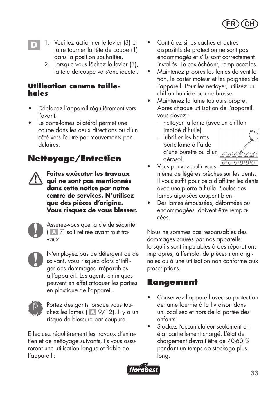 Nettoyage/entretien, Rangement, Fr ch | Florabest FGS 3.6 A1 User Manual | Page 33 / 80