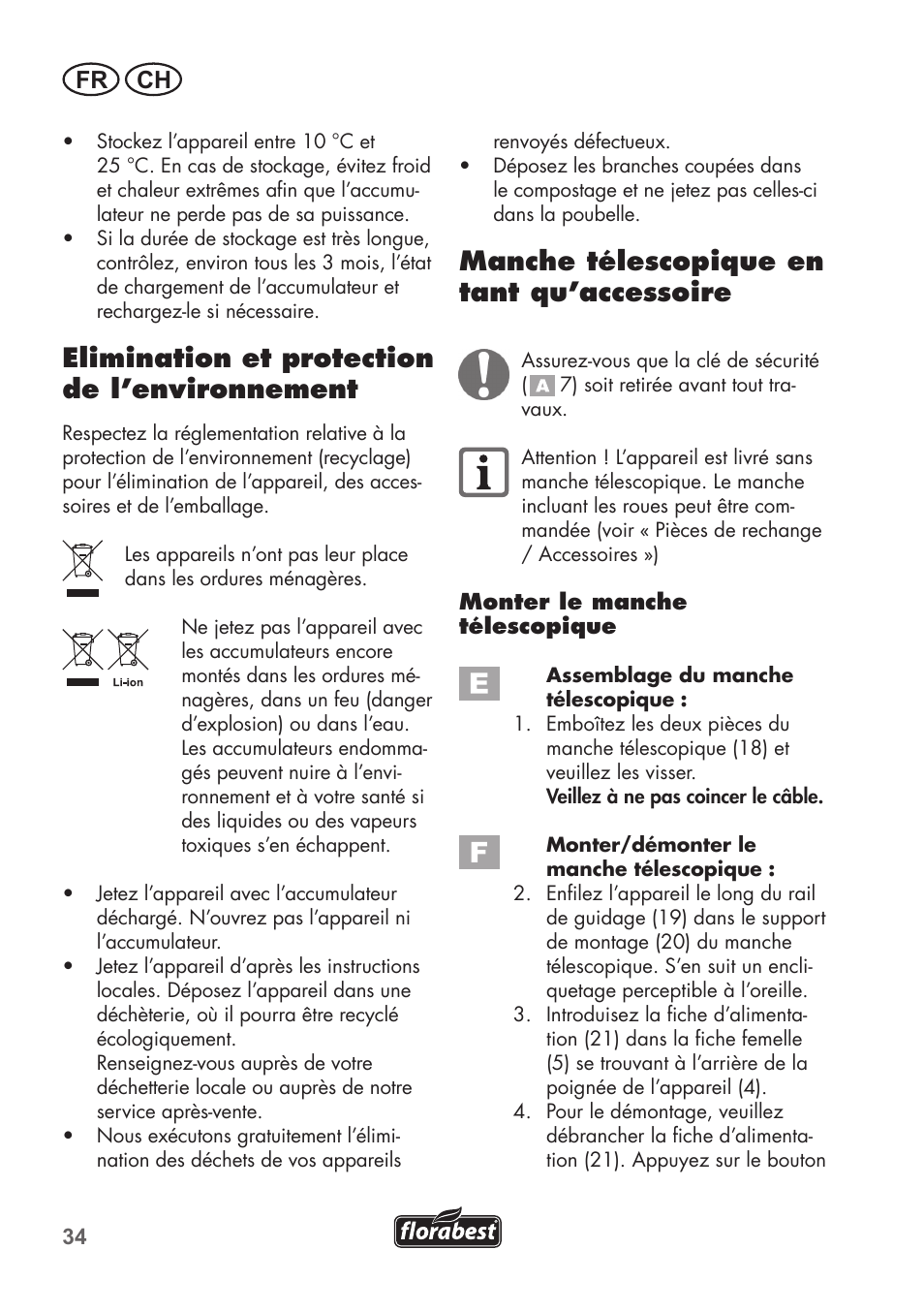 Elimination et protection de l’environnement, Manche télescopique en tant qu’accessoire, Fr ch | Florabest FGS 3.6 A1 User Manual | Page 34 / 80