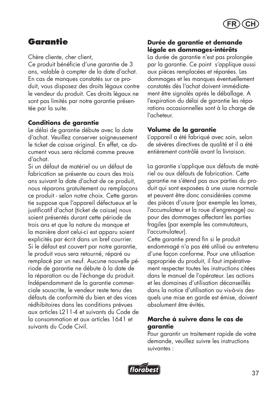 Garantie, Fr ch | Florabest FGS 3.6 A1 User Manual | Page 37 / 80