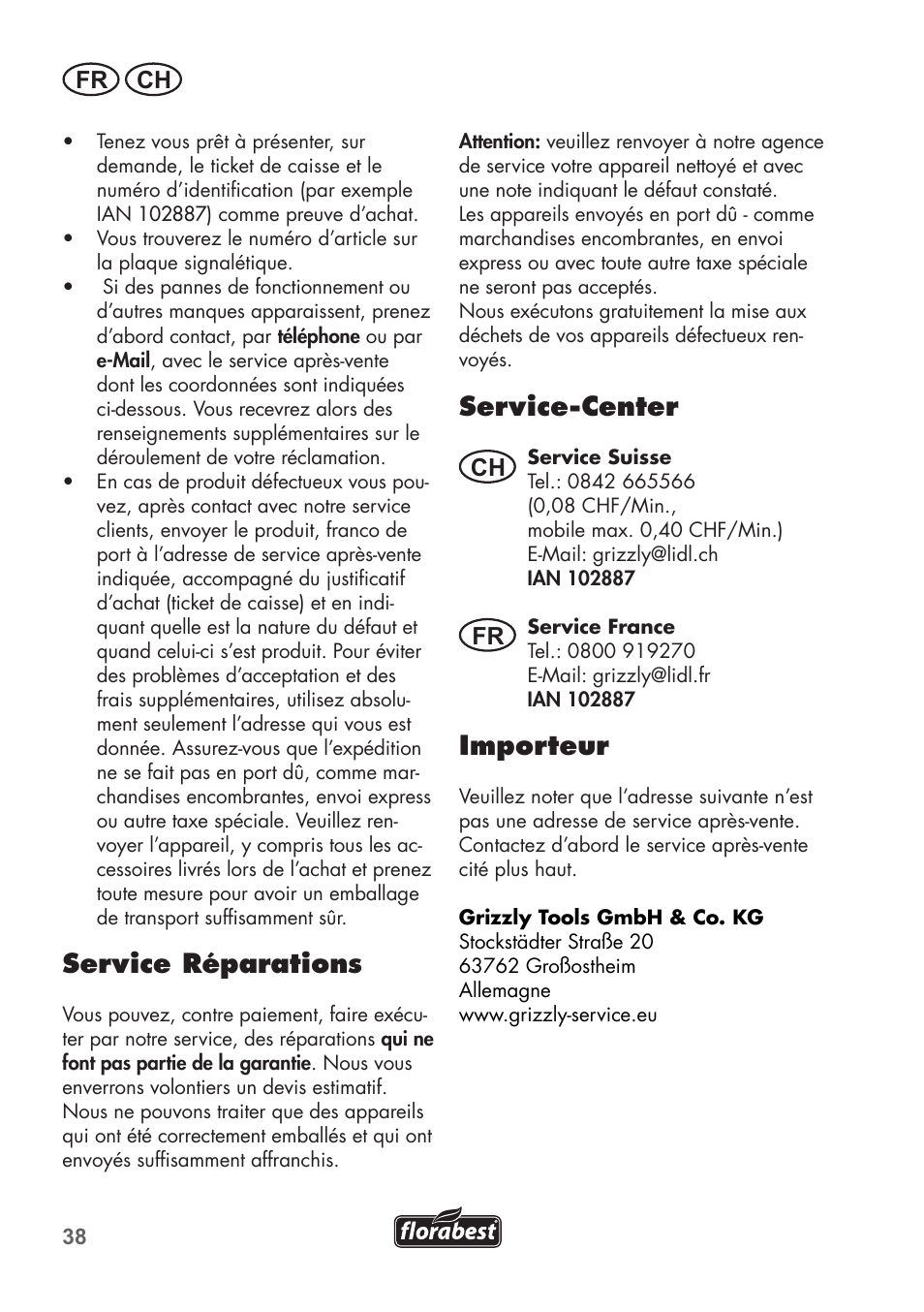 Service réparations, Service-center, Importeur | Fr ch, Ch fr | Florabest FGS 3.6 A1 User Manual | Page 38 / 80