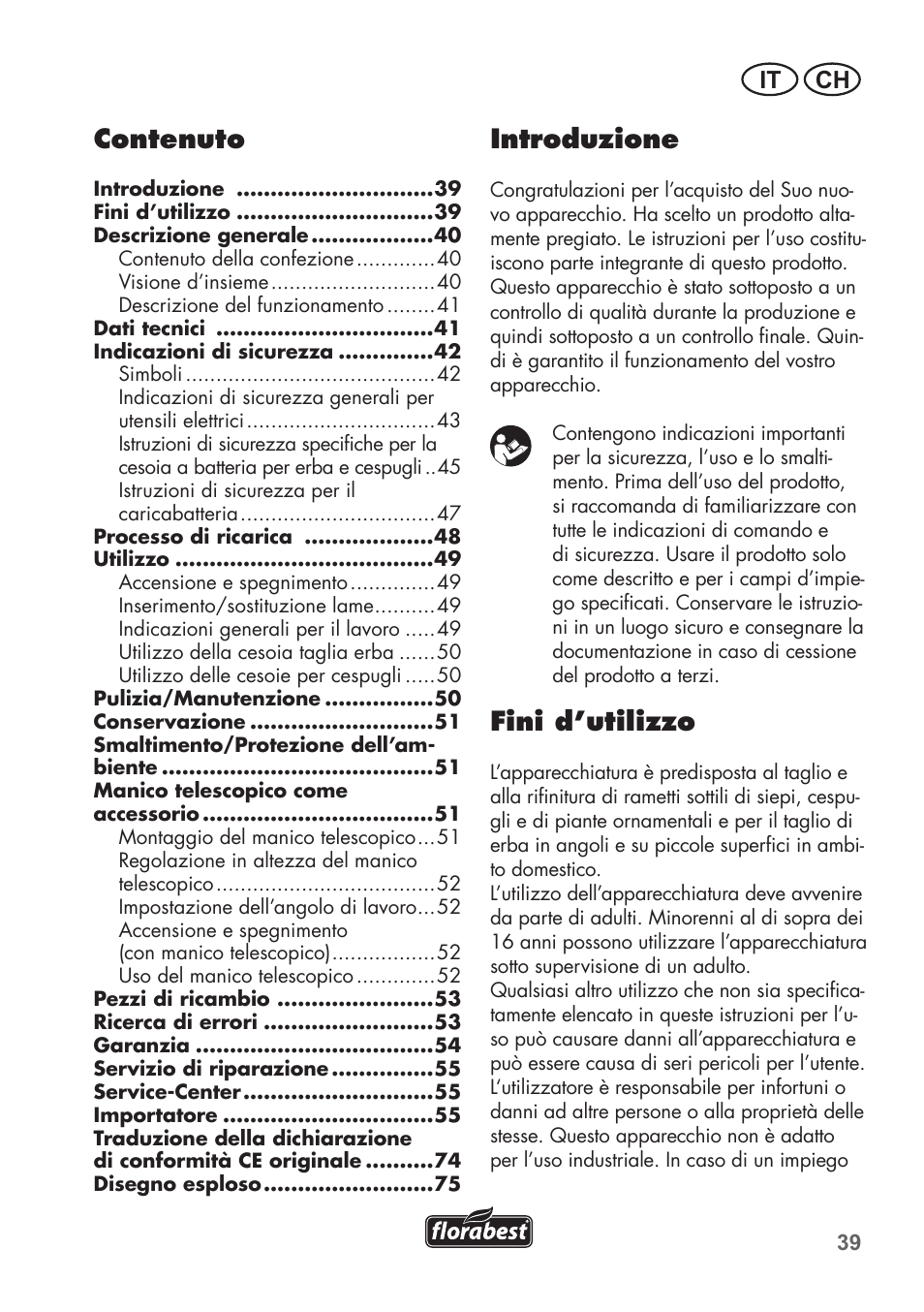 Introduzione, Fini d’utilizzo, Contenuto | It ch | Florabest FGS 3.6 A1 User Manual | Page 39 / 80