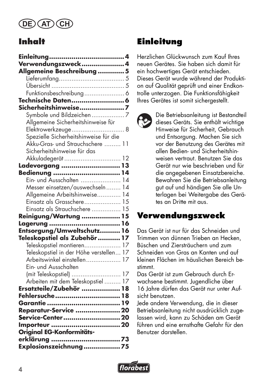 Einleitung, Verwendungszweck, Inhalt | De at ch | Florabest FGS 3.6 A1 User Manual | Page 4 / 80