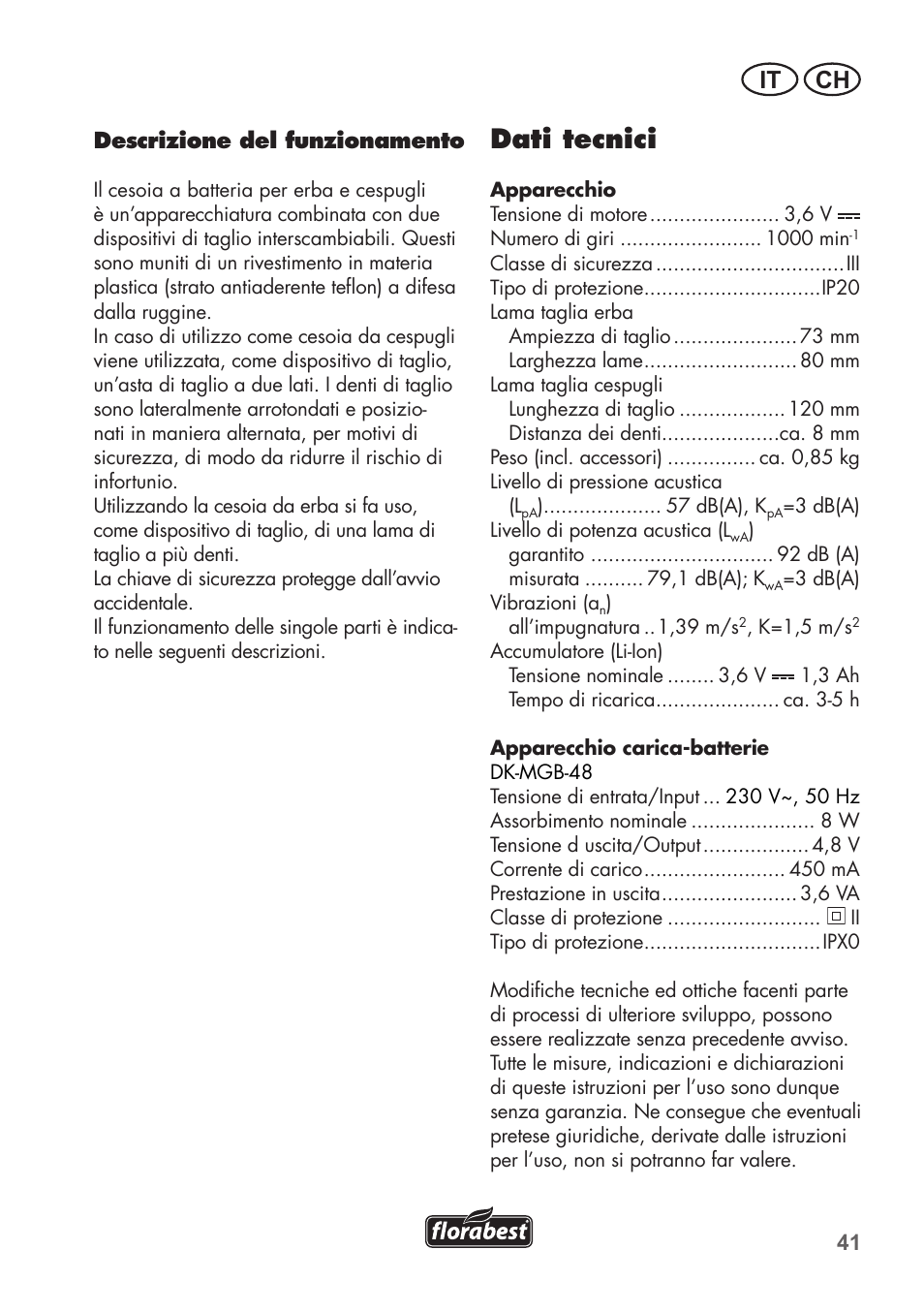 Dati tecnici, It ch | Florabest FGS 3.6 A1 User Manual | Page 41 / 80