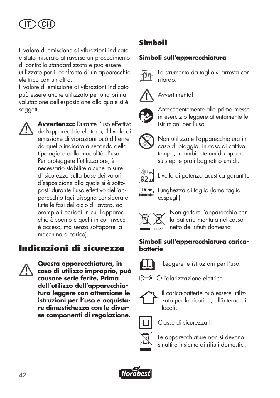 Indicazioni di sicurezza, It ch | Florabest FGS 3.6 A1 User Manual | Page 42 / 80