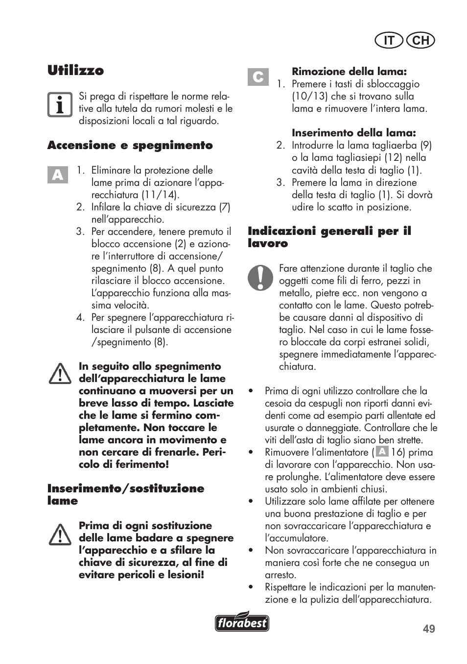 Utilizzo, It ch | Florabest FGS 3.6 A1 User Manual | Page 49 / 80