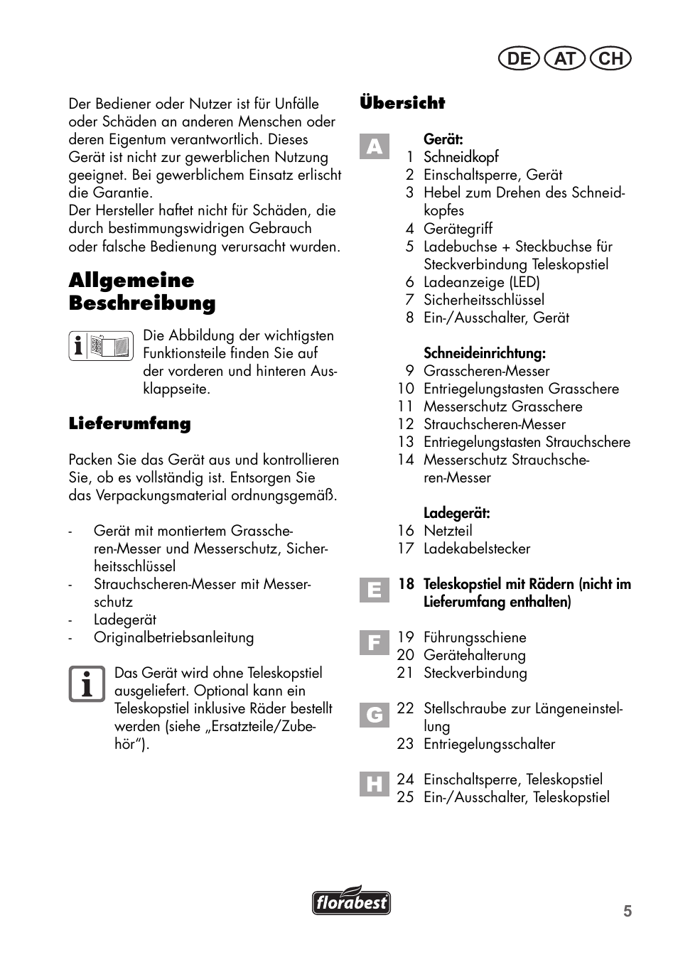 Allgemeine beschreibung, De at ch | Florabest FGS 3.6 A1 User Manual | Page 5 / 80