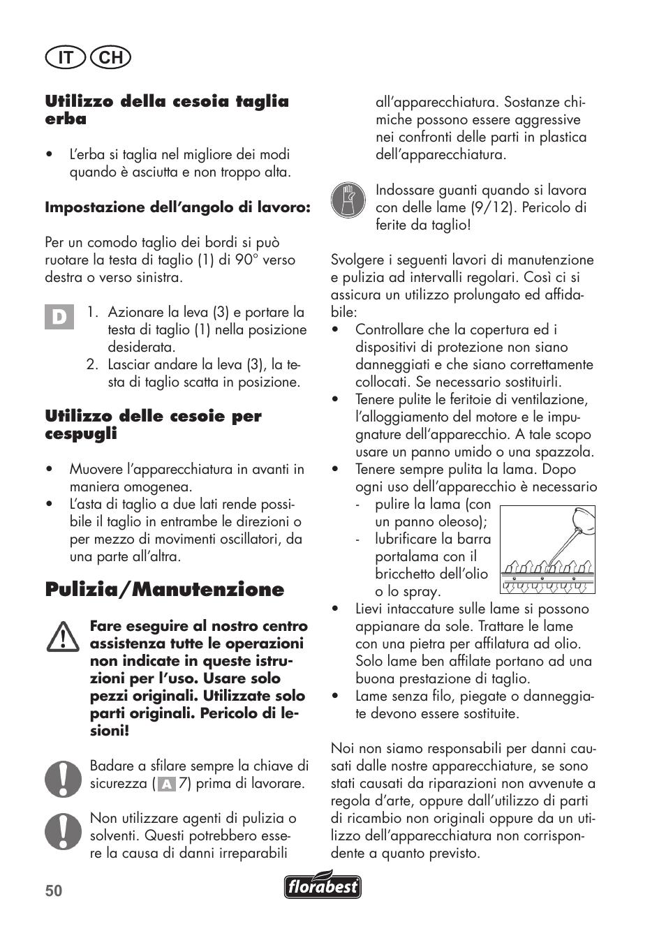 Pulizia/manutenzione, It ch | Florabest FGS 3.6 A1 User Manual | Page 50 / 80