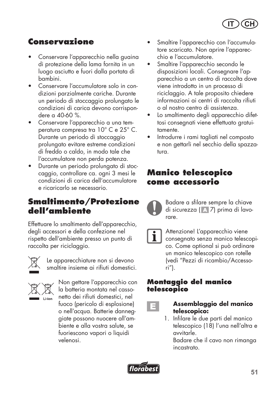 Conservazione, Smaltimento/protezione dell’ambiente, Manico telescopico come accessorio | It ch | Florabest FGS 3.6 A1 User Manual | Page 51 / 80