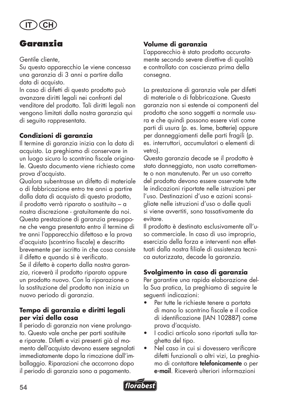 Garanzia, It ch | Florabest FGS 3.6 A1 User Manual | Page 54 / 80