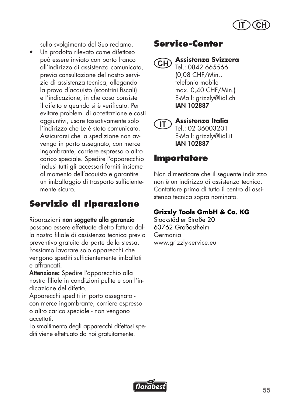 Servizio di riparazione, Service-center, Importatore | It ch, Ch it | Florabest FGS 3.6 A1 User Manual | Page 55 / 80