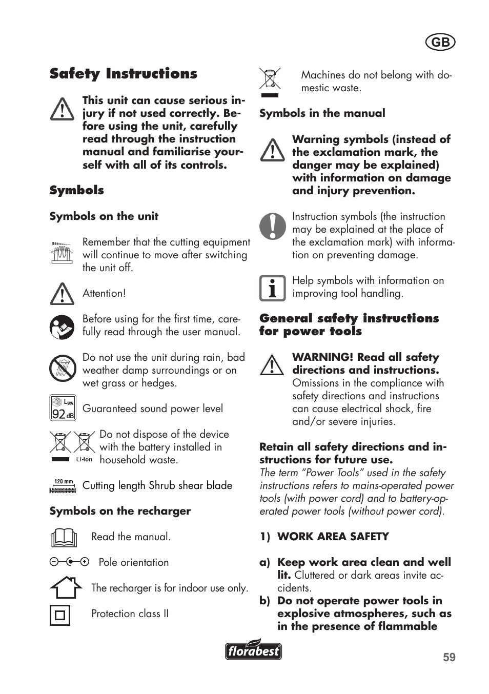 Safety instructions | Florabest FGS 3.6 A1 User Manual | Page 59 / 80