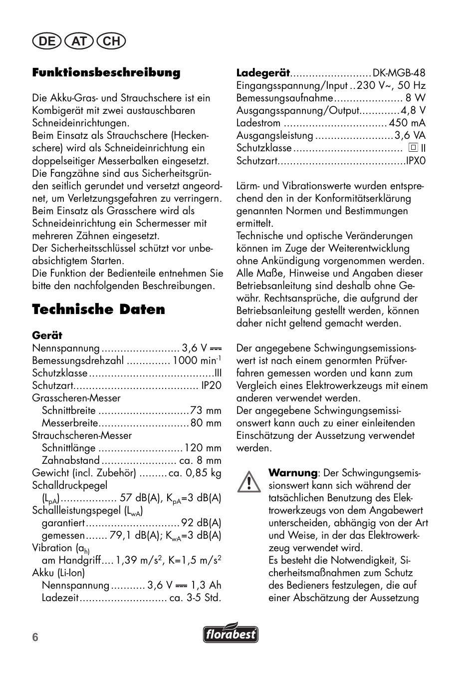 Technische daten, De at ch | Florabest FGS 3.6 A1 User Manual | Page 6 / 80