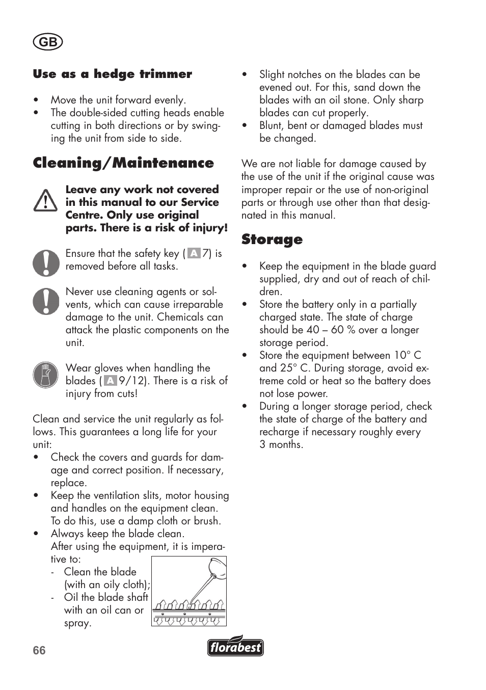 Cleaning/maintenance, Storage | Florabest FGS 3.6 A1 User Manual | Page 66 / 80