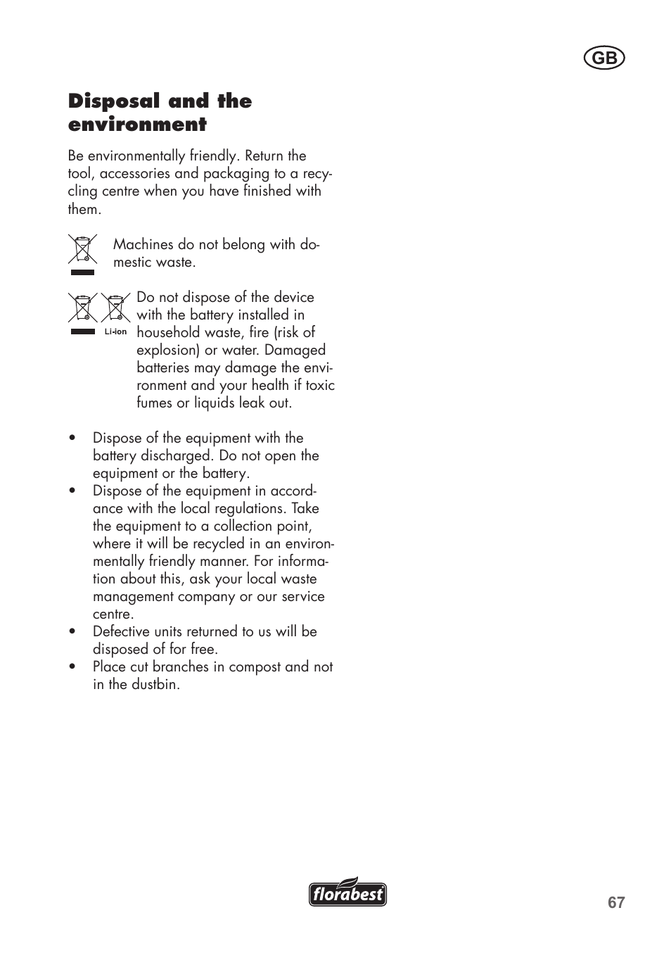 Disposal and the environment | Florabest FGS 3.6 A1 User Manual | Page 67 / 80