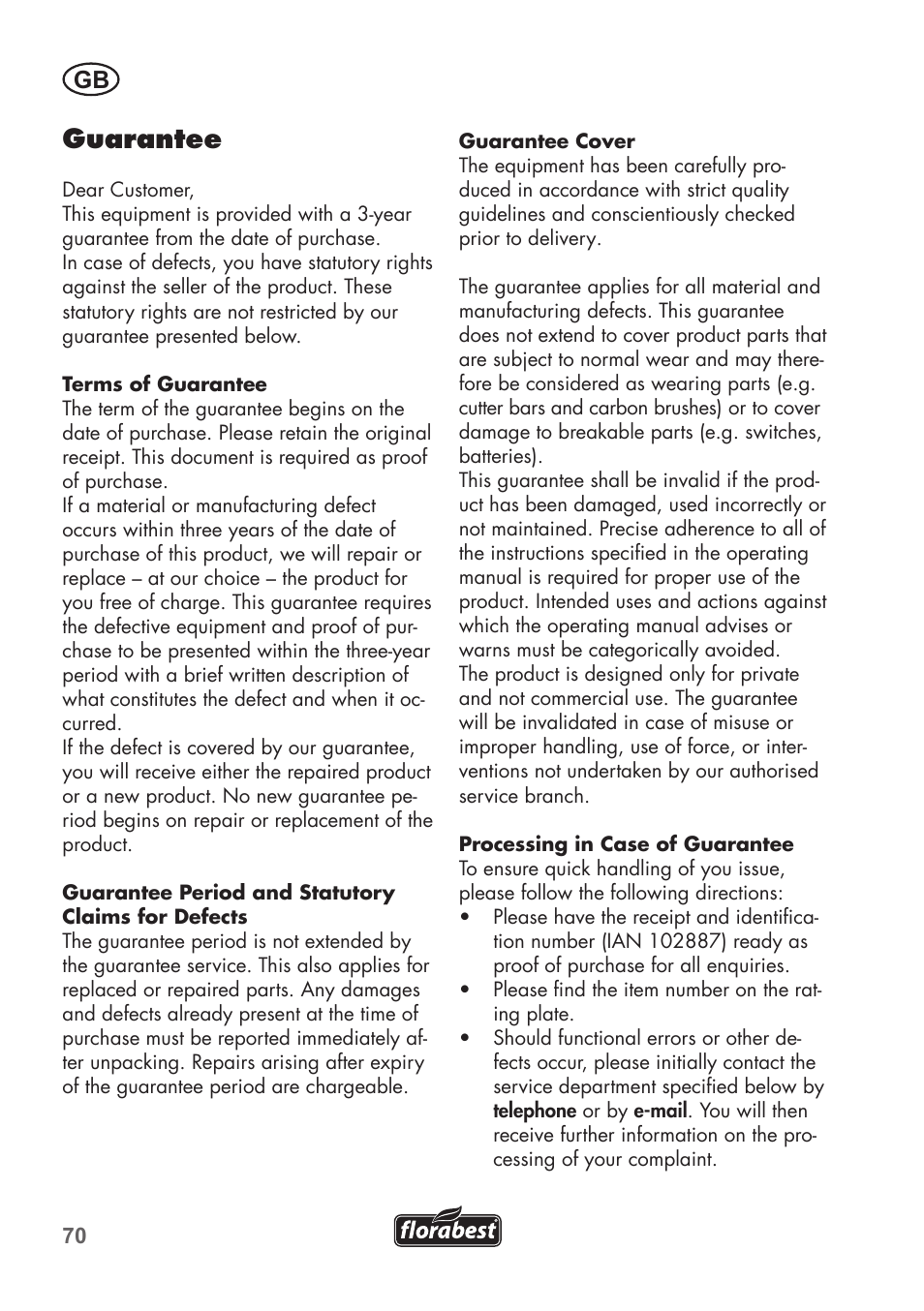 Guarantee | Florabest FGS 3.6 A1 User Manual | Page 70 / 80