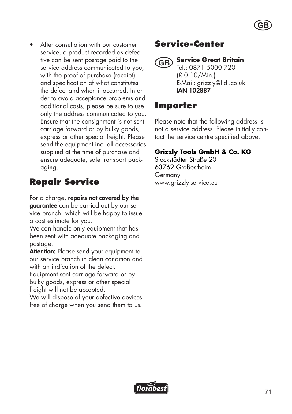 Repair service, Service-center, Importer | Florabest FGS 3.6 A1 User Manual | Page 71 / 80