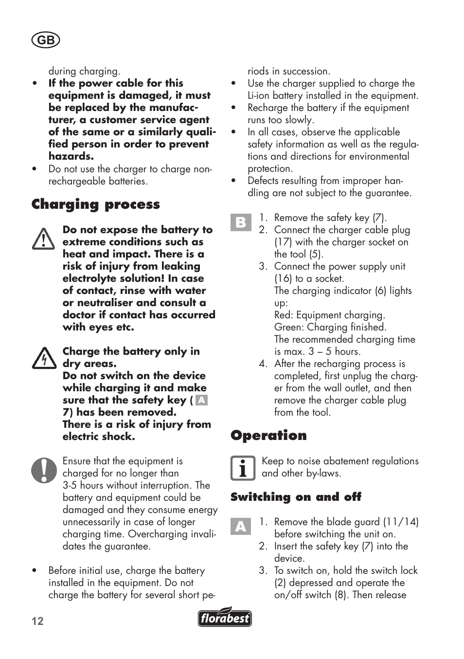 Charging process, Operation | Florabest FGS 3.6 A1 User Manual | Page 12 / 92