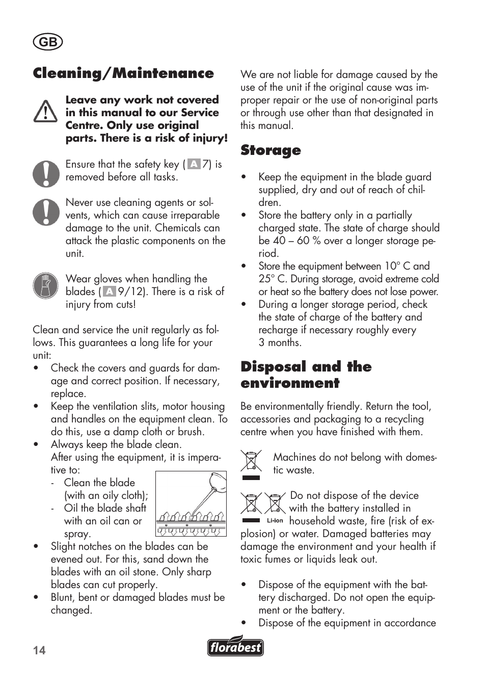 Cleaning/maintenance, Storage, Disposal and the environment | Florabest FGS 3.6 A1 User Manual | Page 14 / 92