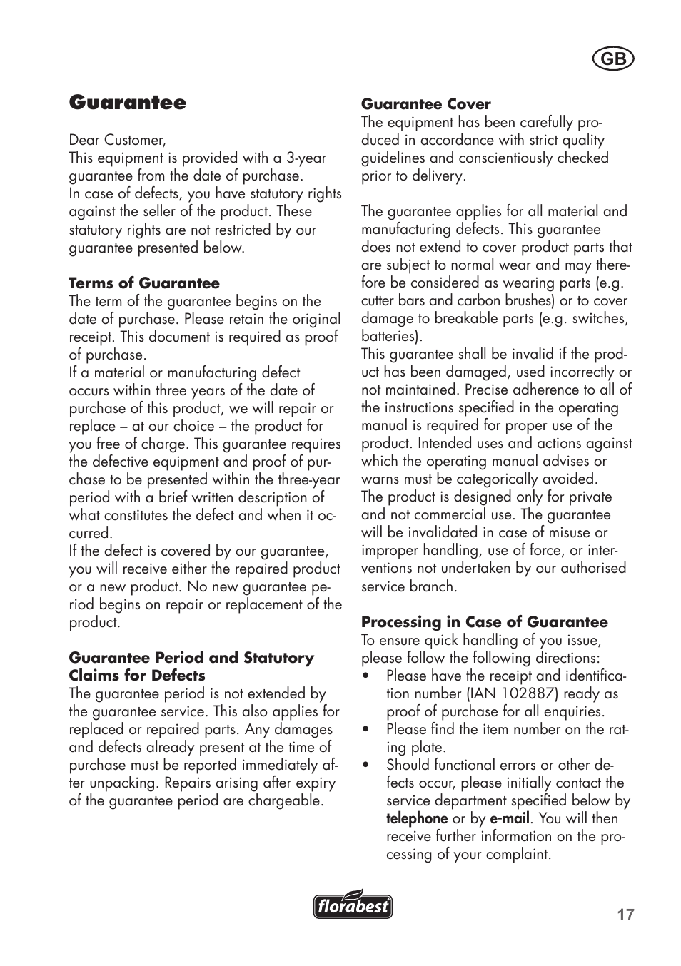 Guarantee | Florabest FGS 3.6 A1 User Manual | Page 17 / 92
