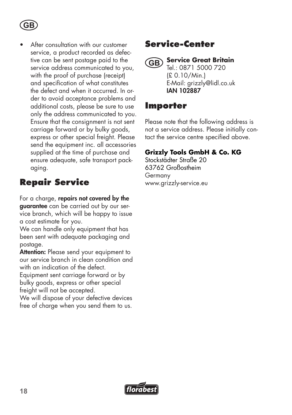 Repair service, Service-center, Importer | Florabest FGS 3.6 A1 User Manual | Page 18 / 92