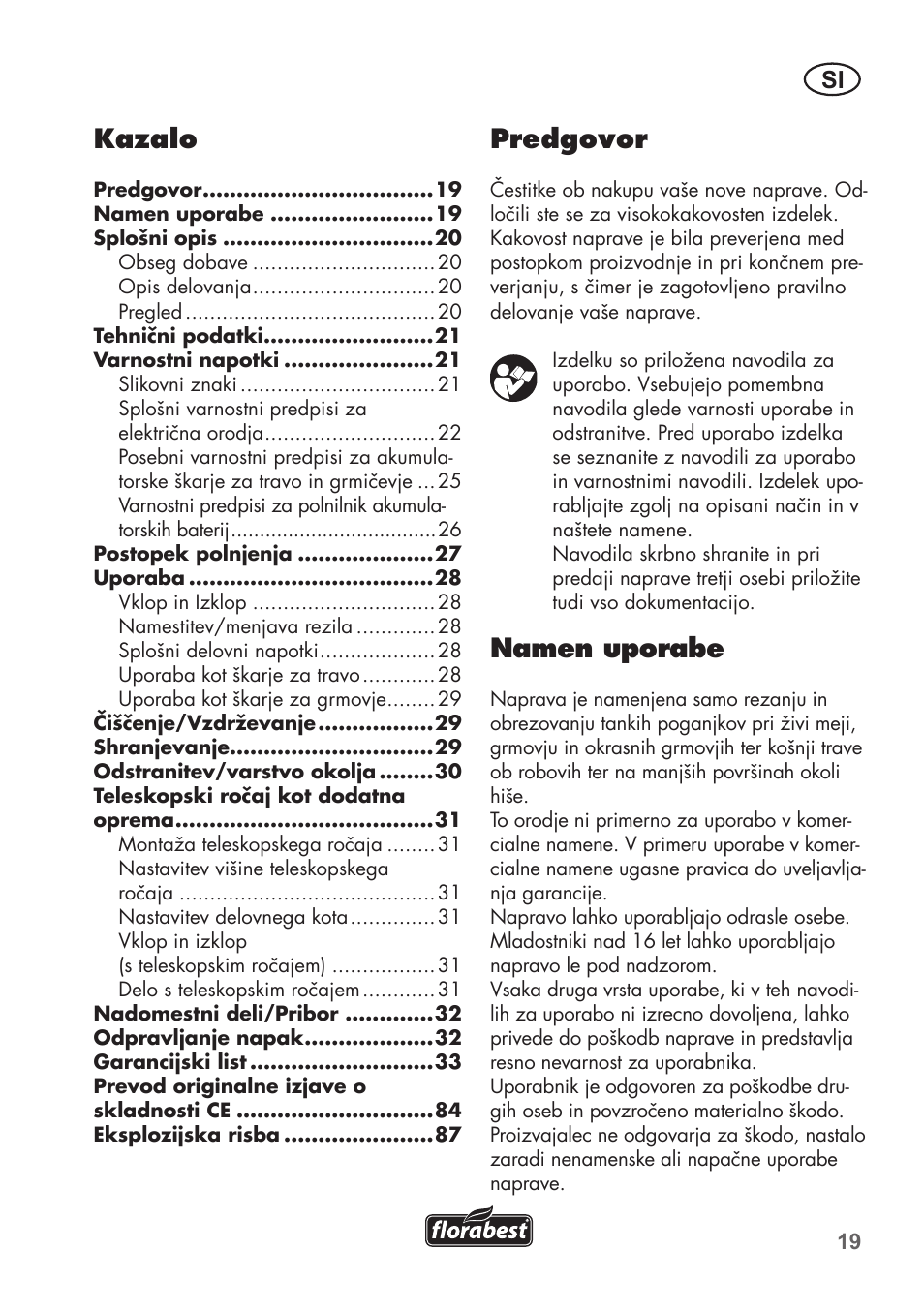 Predgovor, Namen uporabe, Kazalo | Florabest FGS 3.6 A1 User Manual | Page 19 / 92