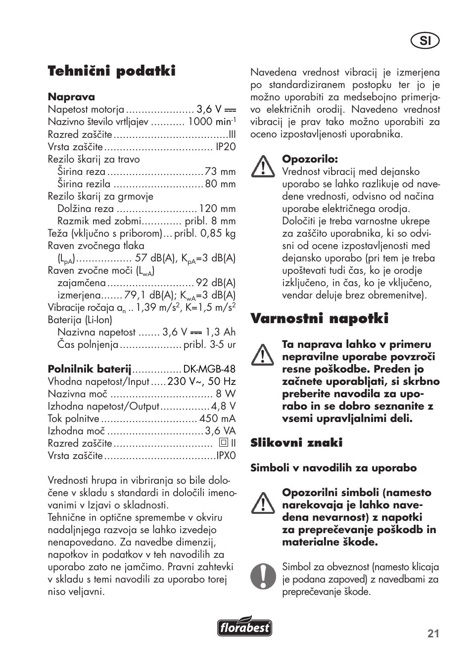 Tehnični podatki, Varnostni napotki | Florabest FGS 3.6 A1 User Manual | Page 21 / 92