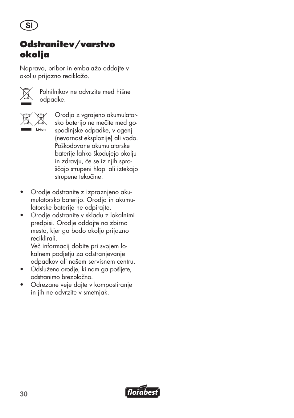 Odstranitev/varstvo okolja | Florabest FGS 3.6 A1 User Manual | Page 30 / 92