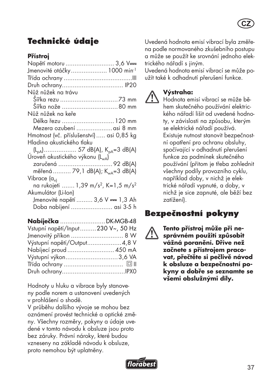 Technické údaje, Bezpečnostní pokyny | Florabest FGS 3.6 A1 User Manual | Page 37 / 92