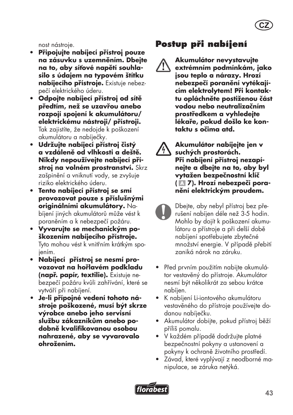 Postup při nabíjení | Florabest FGS 3.6 A1 User Manual | Page 43 / 92