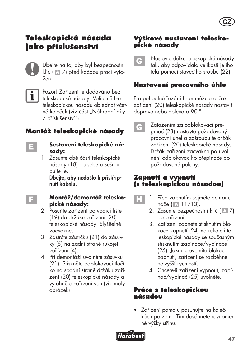 Teleskopická násada jako příslušenství | Florabest FGS 3.6 A1 User Manual | Page 47 / 92