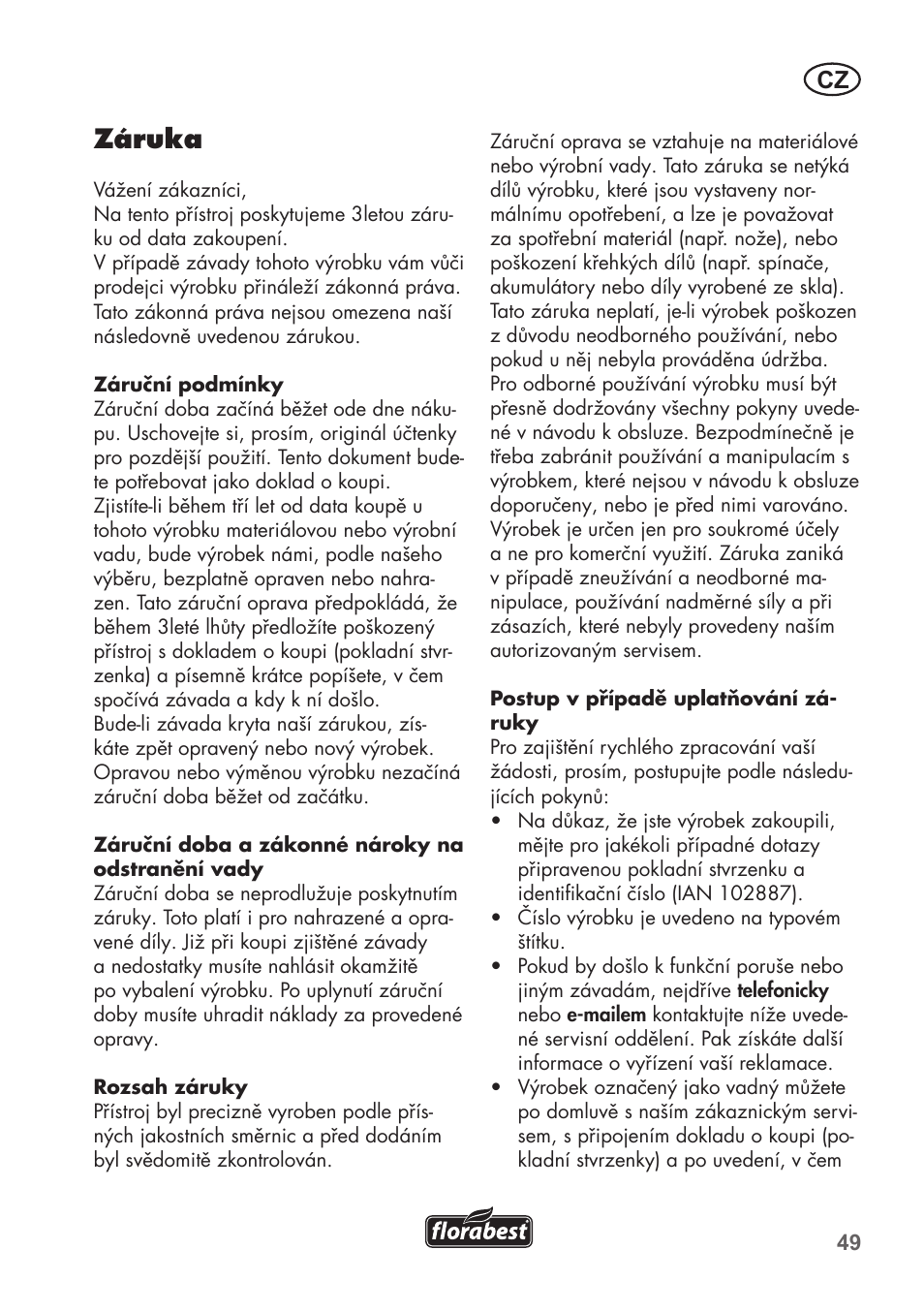 Záruka | Florabest FGS 3.6 A1 User Manual | Page 49 / 92