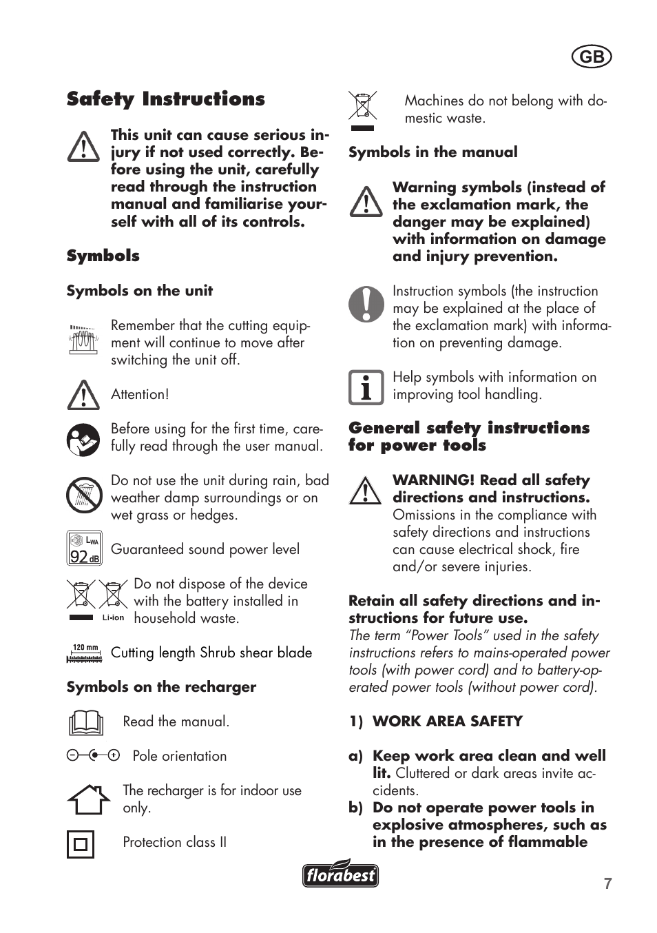 Safety instructions | Florabest FGS 3.6 A1 User Manual | Page 7 / 92