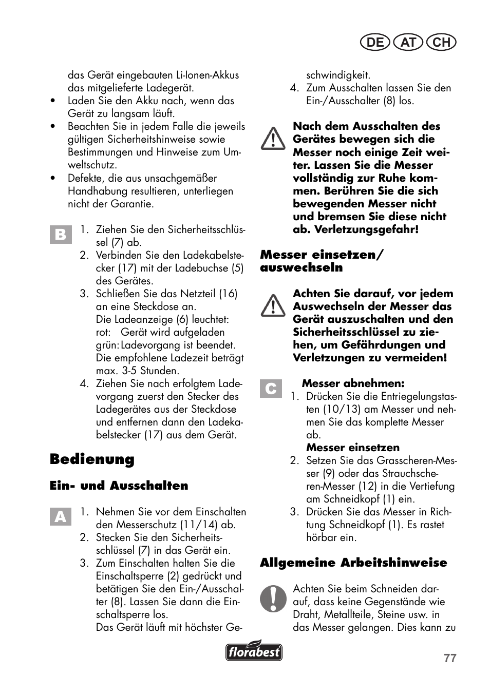 Bedienung, De at ch | Florabest FGS 3.6 A1 User Manual | Page 77 / 92