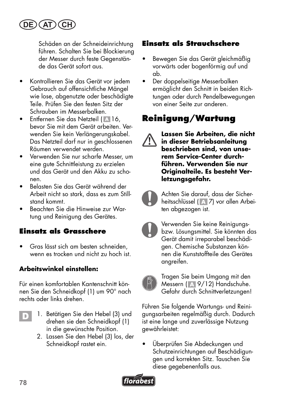Reinigung/wartung, De at ch | Florabest FGS 3.6 A1 User Manual | Page 78 / 92