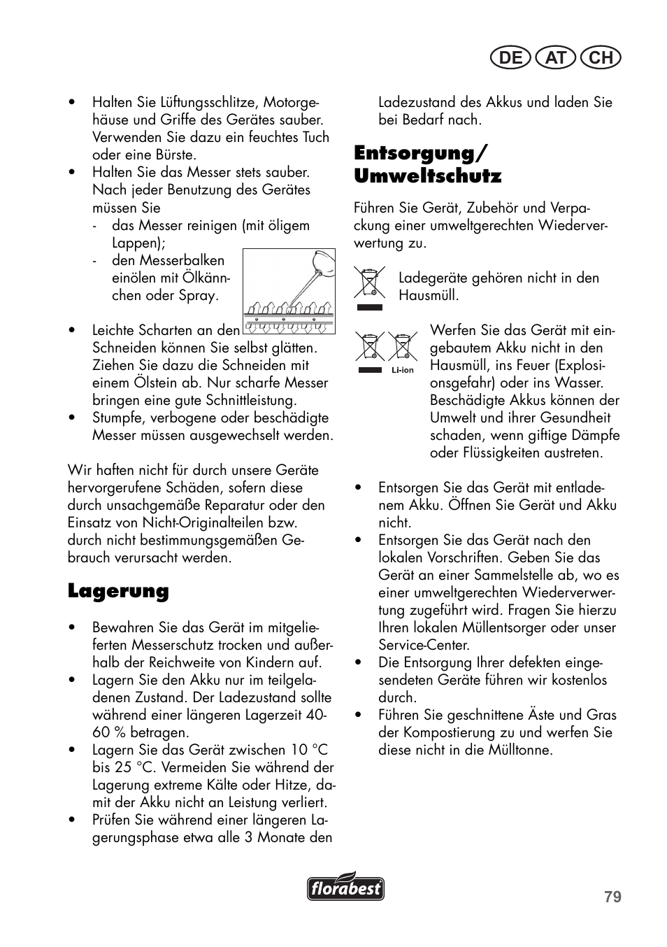 Lagerung, Entsorgung/ umweltschutz, De at ch | Florabest FGS 3.6 A1 User Manual | Page 79 / 92