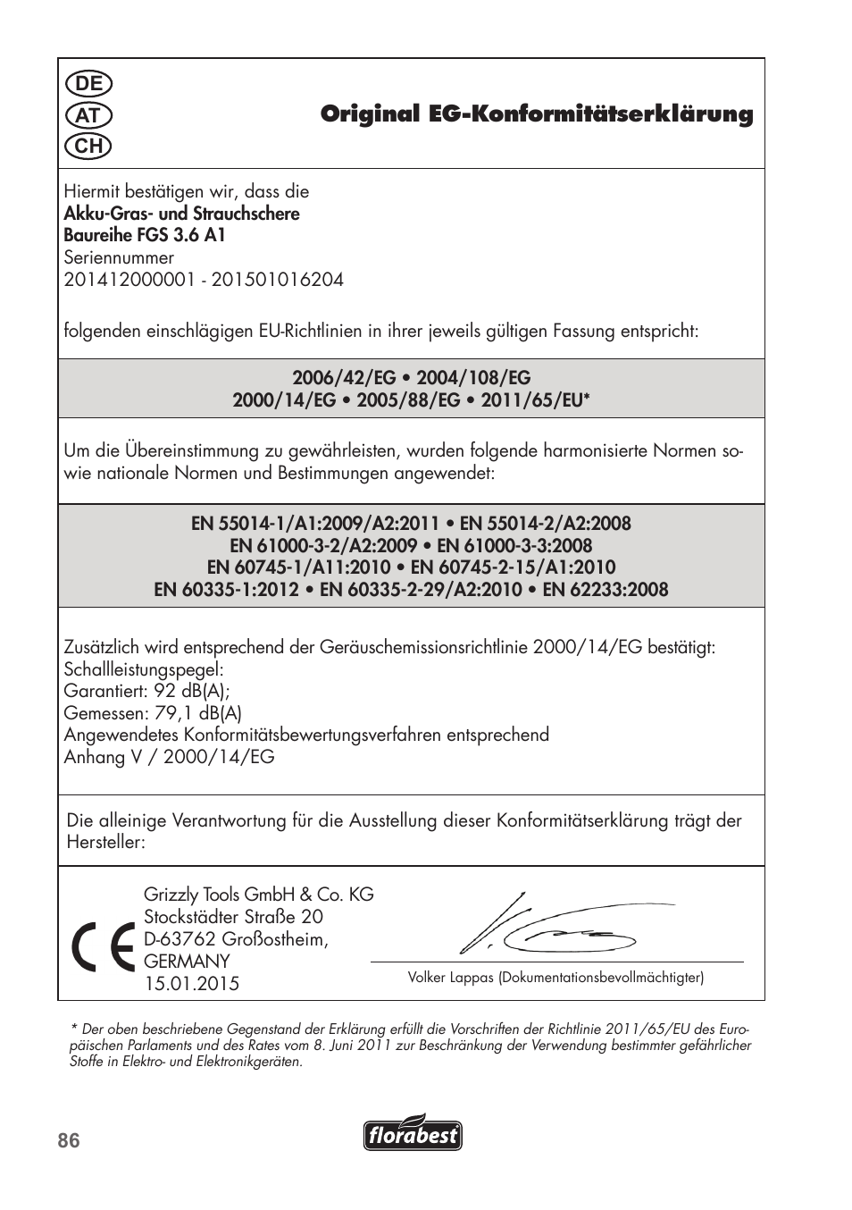 Original eg-konformitätserklärung | Florabest FGS 3.6 A1 User Manual | Page 86 / 92