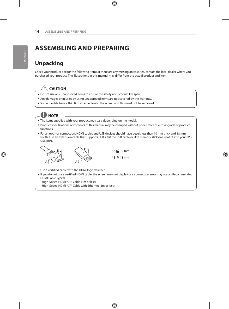 Assembling and preparing, Unpacking | LG 55EG960V User Manual | Page 14 / 52