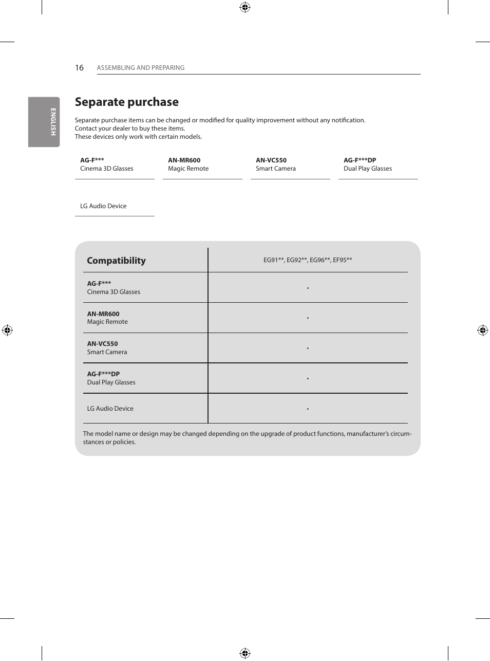 Separate purchase, Compatibility | LG 55EG960V User Manual | Page 16 / 52