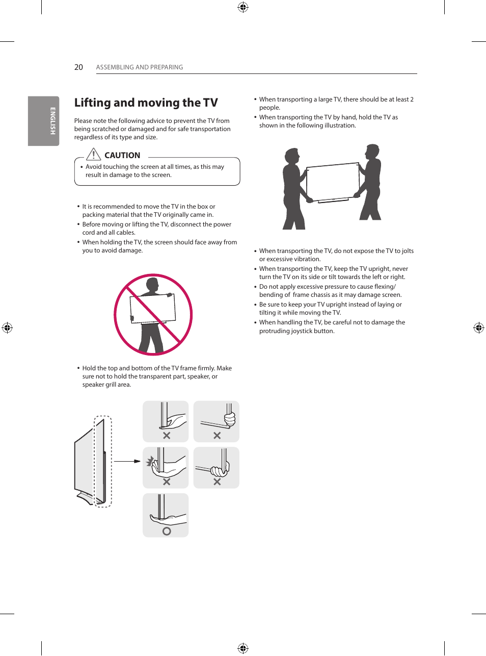 Lifting and moving the tv | LG 55EG960V User Manual | Page 20 / 52