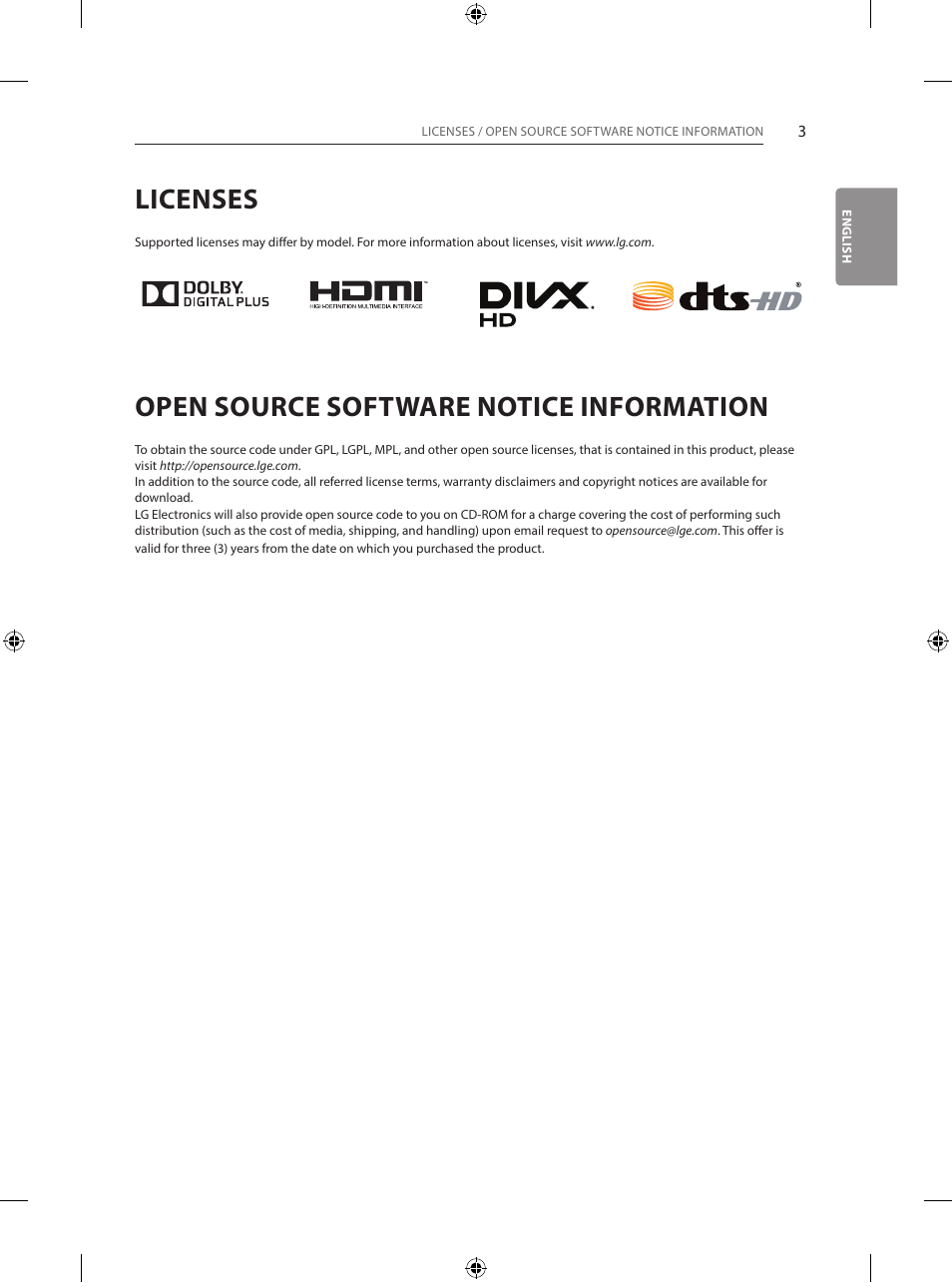 Licenses, Open source software notice information | LG 55EG960V User Manual | Page 3 / 52