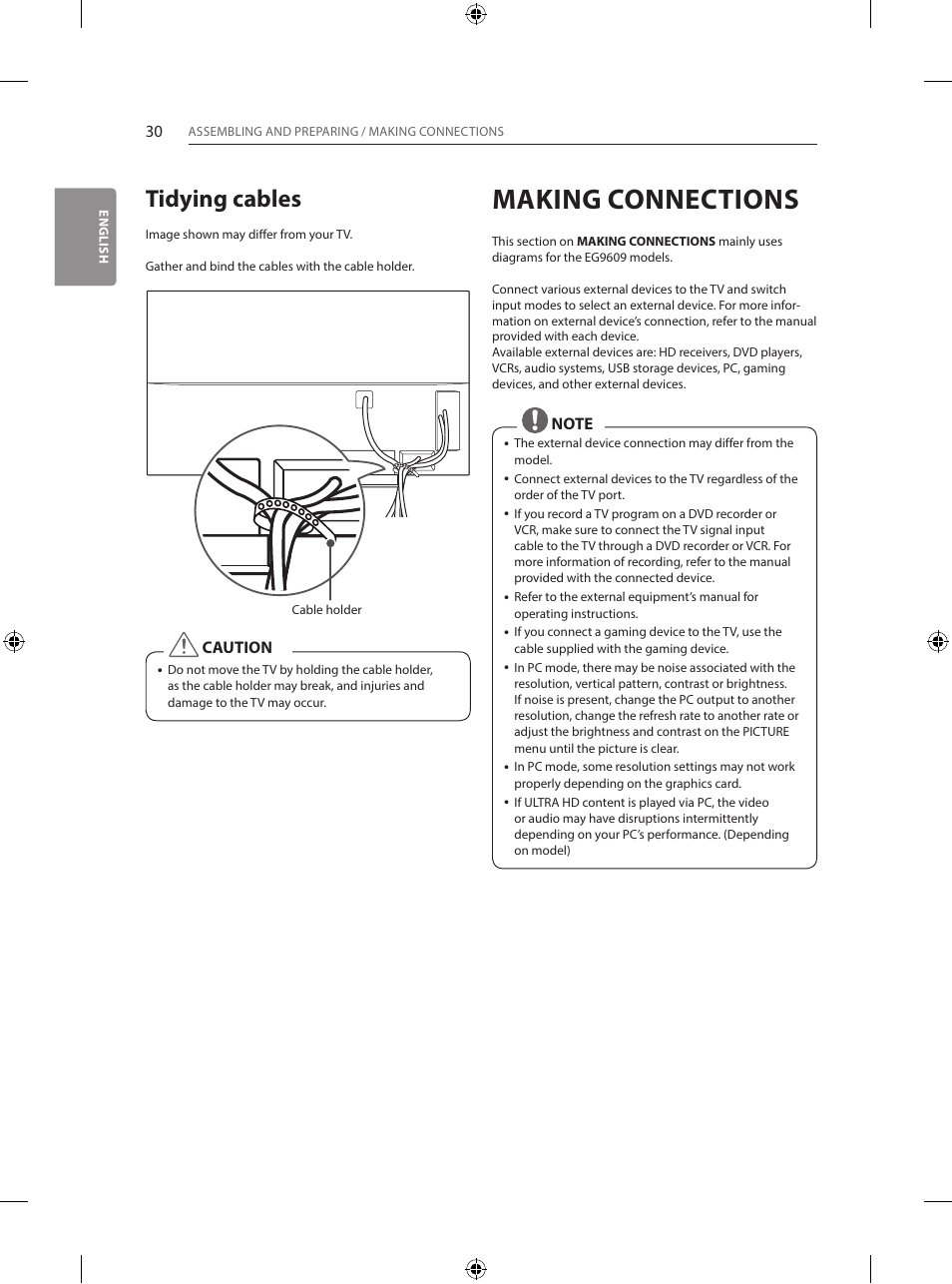 Making connections, Tidying cables | LG 55EG960V User Manual | Page 30 / 52