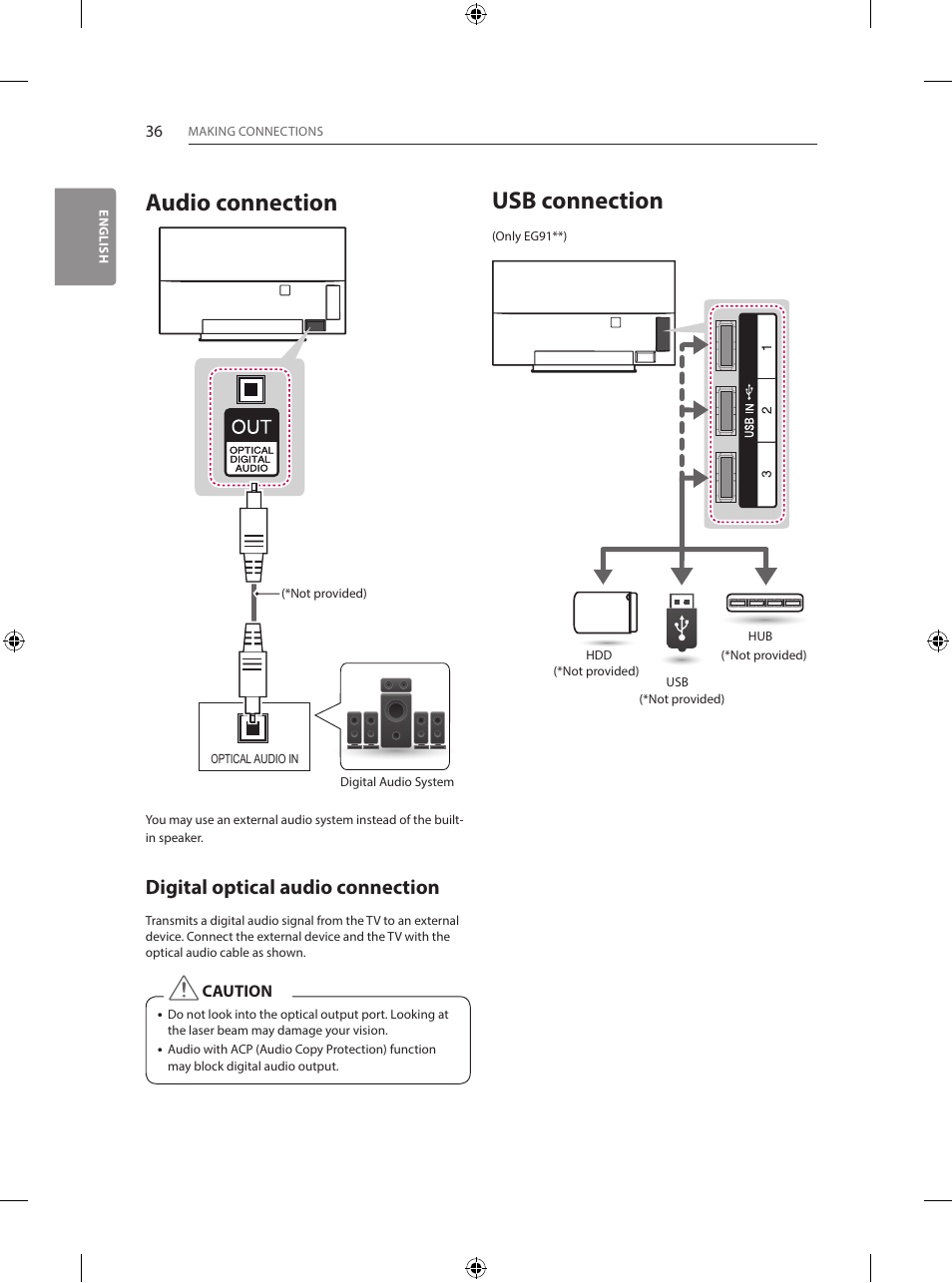 Usb connection, Audio connection, Digital optical audio connection | LG 55EG960V User Manual | Page 36 / 52