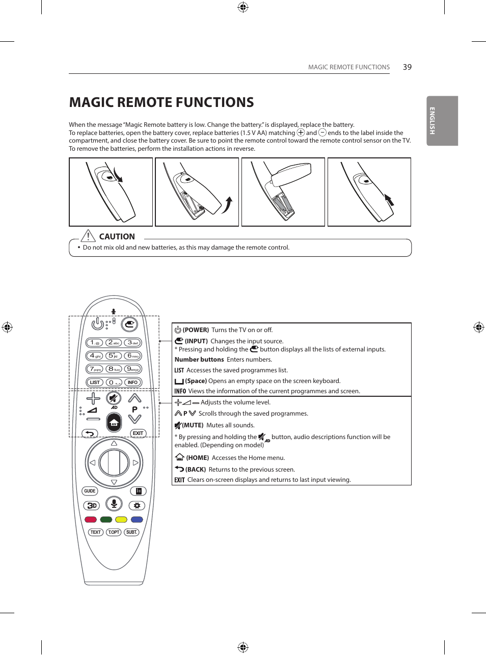 Magic remote functions, Caution | LG 55EG960V User Manual | Page 39 / 52