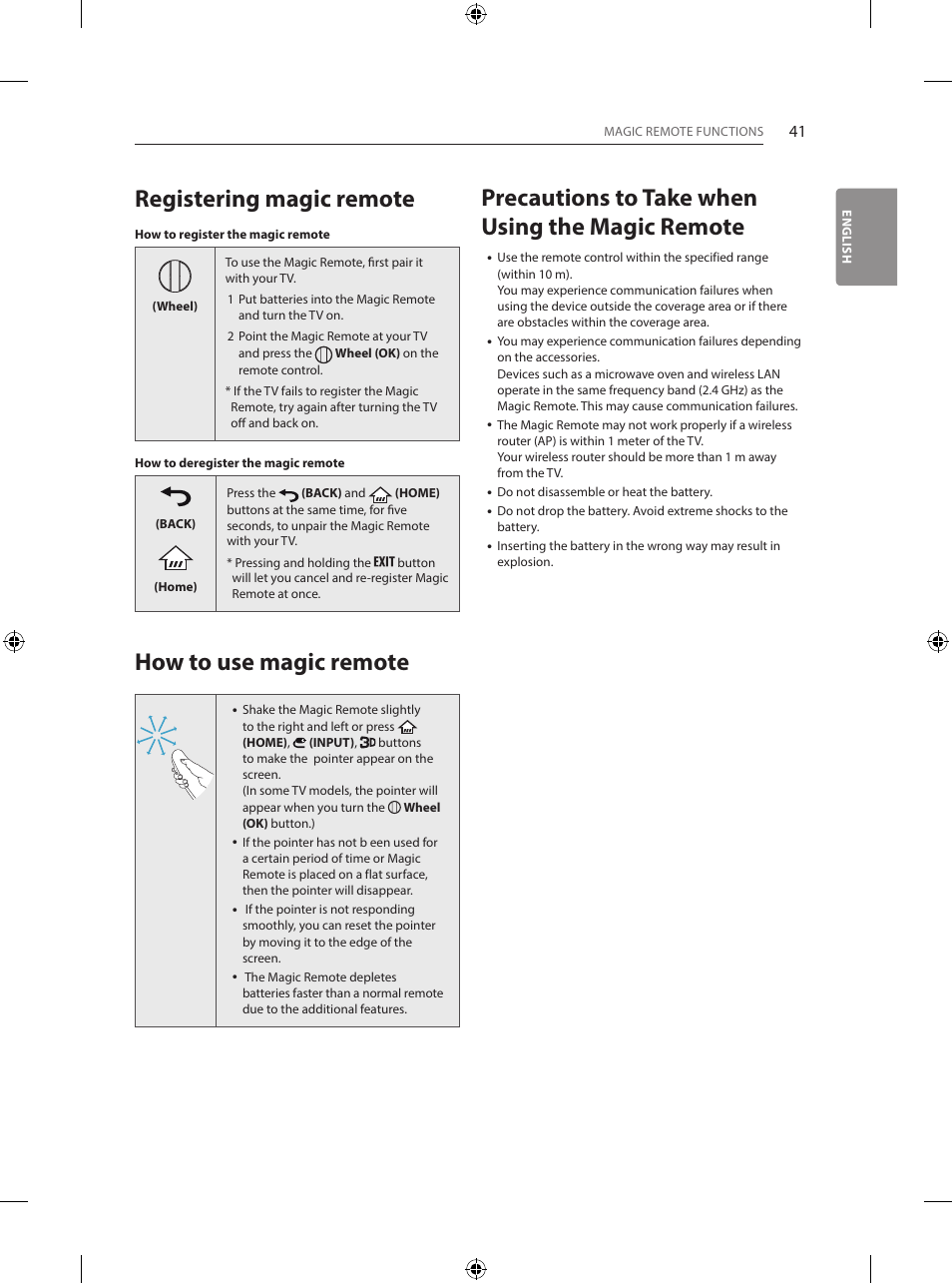Precautions to take when using the magic remote, Registering magic remote, How to use magic remote | LG 55EG960V User Manual | Page 41 / 52