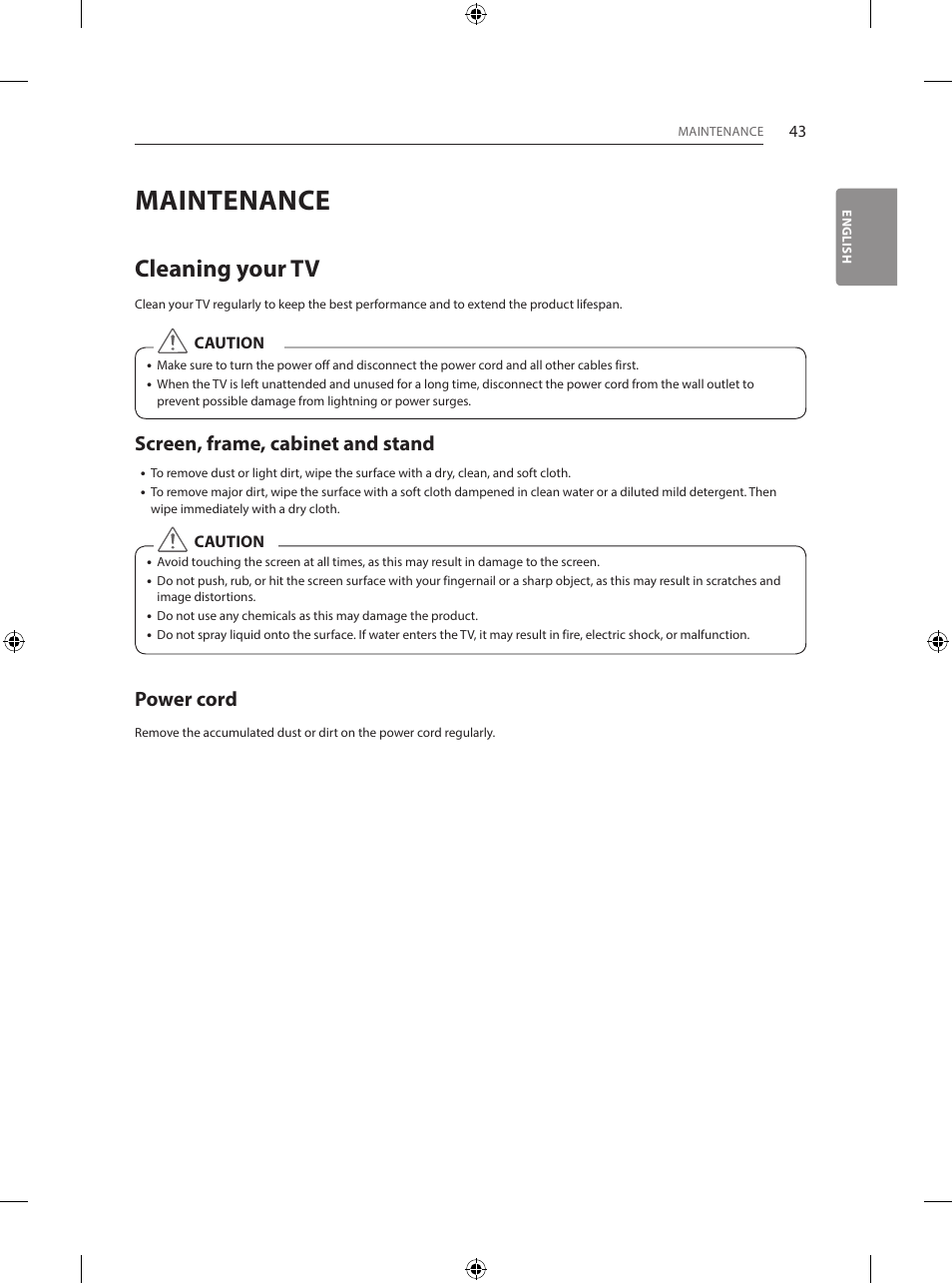Maintenance, Cleaning your tv, Screen, frame, cabinet and stand | Power cord | LG 55EG960V User Manual | Page 43 / 52
