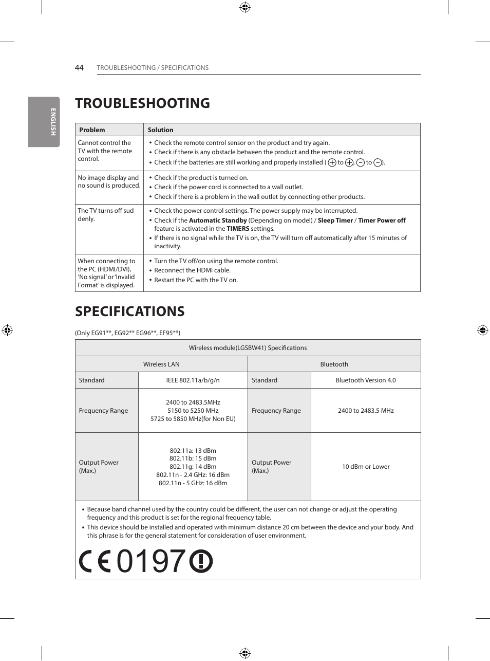 Troubleshooting, Specifications | LG 55EG960V User Manual | Page 44 / 52