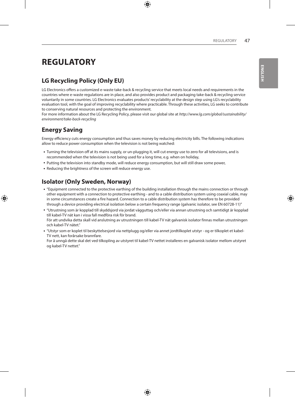 Regulatory, Lg recycling policy (only eu), Energy saving | Isolator (only sweden, norway) | LG 55EG960V User Manual | Page 47 / 52